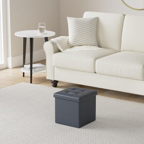 LotFancy Foldable Storage Ottoman, Small Leather Bench with Storage, 13x12x12 Inches, Holds up to 260 lb, Black