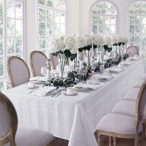 Newbridge 60 x 84 Inch Oval Fabric Tablecloth, Elegance Plaid, 100% Polyester, White, No Iron Soil Resistant