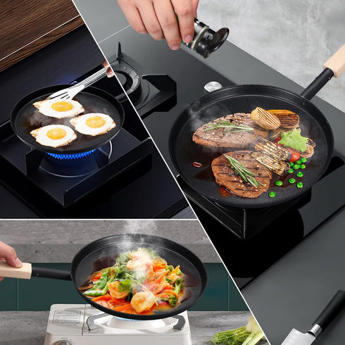 8-Inch Frying Pan Skillet, Lightweight Flat Crepe Pan with Wooden Handle for Indoor Outdoor Cooking