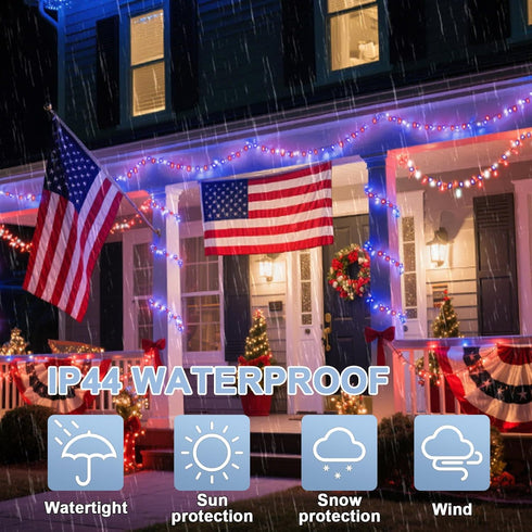99ft 300LED 16 4th LAMPHOME Red White and Blue Patriotic String Lights, Modes Red White Blue LED Lights Plug