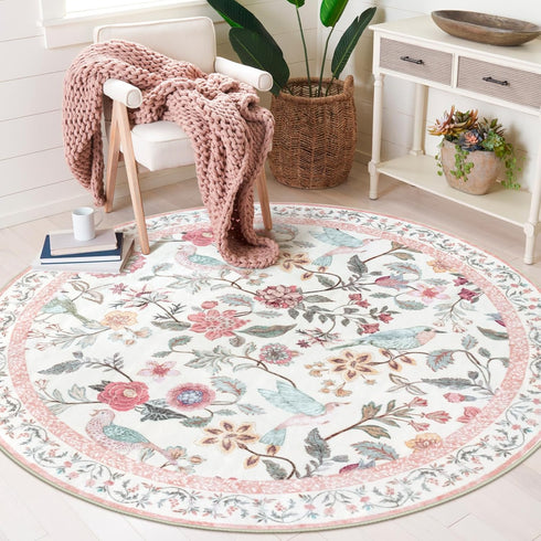 Rugalia Pink Floral Round Rugs 4ft, Washable Boho Circle Rug for Girls