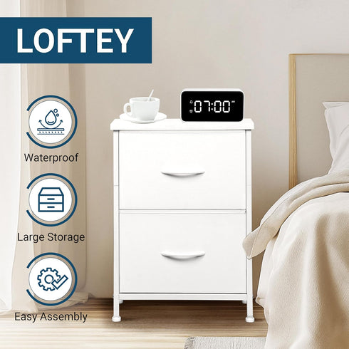 2 15.7" 11.8" 21" LOFTEY White Nightstand, Bedside Table with Fabric Drawers, Small Kids Night Stand for Bedroom, Bed