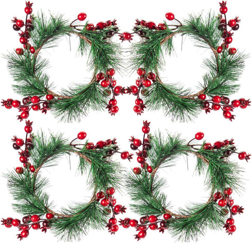 Christmas Candle Rings- 4.3 Inches Candle Wreaths Candle Garland with Artificial Red