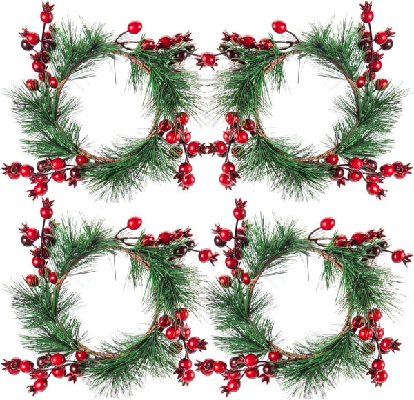 Christmas Candle Rings- 4.3 Inches Candle Wreaths Candle Garland with Artificial Red