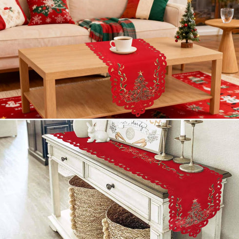 Jovialix 72 Inches Poinsettia,Holiday Red Christmas Table Runner Long with Embroidered Tree and Cutwork Linen