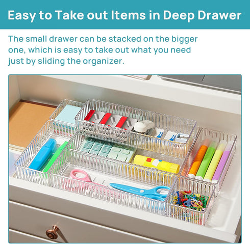 Vtopmart 7 PCS Clear Drawer Organizers, 4-Size Stackable Makeup and Vanity Drawer Organizer Trays