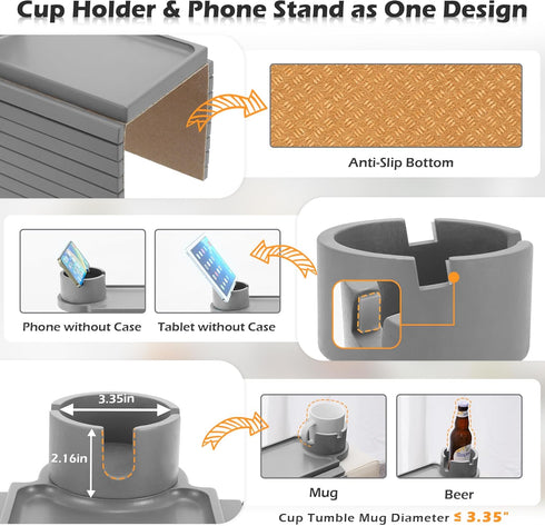 Couch Cup Holder Tray, Large Arm Table Tray with 360° Rotated Phone Holder, 3 in 1 Bamboo Sofa Armrest Organizer