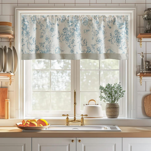 jinchan Linen Floral Valance Double Layer Kitchen Window Curtain Blue Flower on Beige Valance for Living Room Cafe Farmhouse Room Darkening Rustic Country Curtain 16 Inch Rod Pocket 1 Panel
