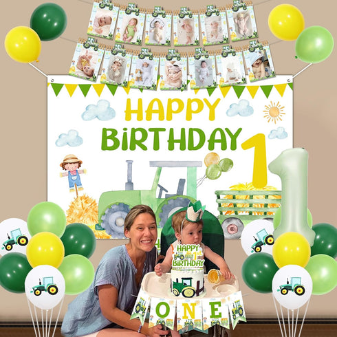 TWO WILD 1st Tractor Birthday Decorations for Boy Green Tractor Banner Backdrop High Chair Banner Cake Toppers Tractor