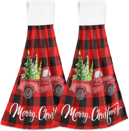 Boccsty Christmas Tree Truck Fingertip Bath Towels, 2 Pcs Red Black Plaid Tartan Kitchen Hand Towels