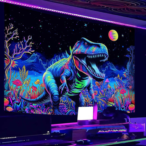 Blacklight Dinosaur Tapestry, Neon Funny Dino Frog Mountain Art UV Reactive Tapestries for Bedroom Boys Kids Decor