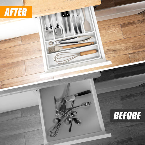 Bellsal Bamboo Silverware Drawer Organizer, 7 Slot Utensil Holder with Grooved Dividers for Kitchen and Office