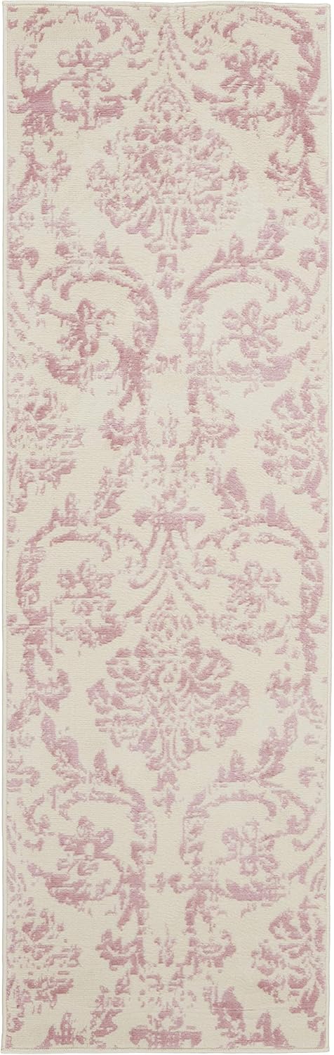 2'3'' 7'3'' (2x7) Nourison Home Jubilant Damask Ivory/Pink x Area-Rug, Easy-Cleaning, Non Shedding, Bed Room, Living