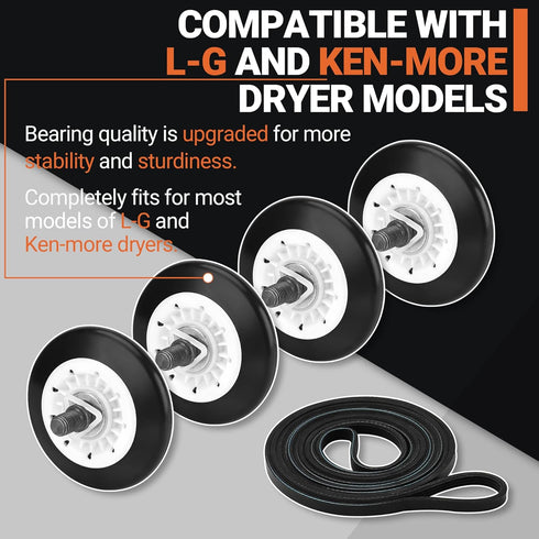 Upgraded Dryer Repair Kit for LG Kenmore Gas Dryer, Includes Drum Roller, Belt, and Idler Pulley by NISHCON