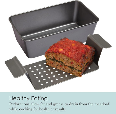 Chicago Metallic 2-Piece Healthy Meatloaf Pan, Professional Grade Non-Stick Carbon Steel, 12.2 inch