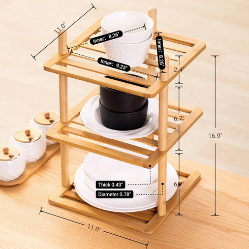 3-Tier Counter, Countertop(1, 3Tier-Large-6.7"H) Cabinet Organizer Shelf - Bamboo Corner Rack for Kitchen Cabinet Space