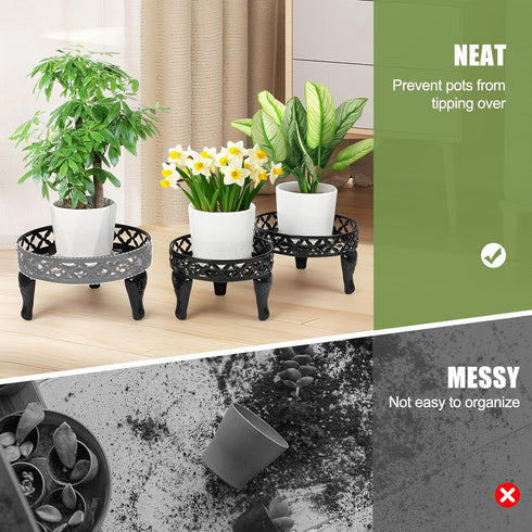 3 Pack Metal Plant Stands Indoor Outdoor, Heavy Duty Iron Flower Pot Stand for Multiple Plants, Rustproof Low Round