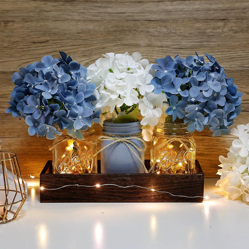 Mason Jar Centerpiece Table Decor for Dining Room Farmhouse Coffee Table Decor with Wood Tray Fairy Lights Fake Flowers