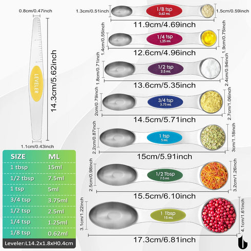 Urbanstrive Magnetic Measuring Spoons Set Stainless Steel, Dual Sided for Liquid Dry Food, Measuring Cups Spoons Set Fits in Spice Jar, Kitchen Gadgets, Cooking Utensils Set, Including Leveler, 8Color