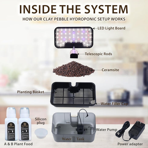 Clay Pebble Hydroponics Growing System Kit Indoor Herb Garden with Smart LED Grow Light, Adjustable Height