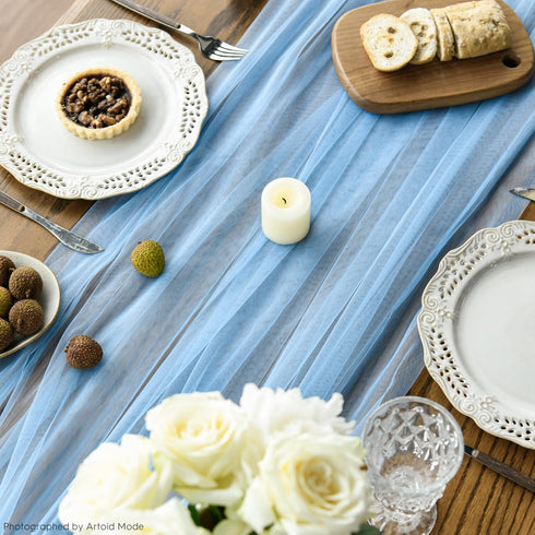 120 Inch 10FT, Artoid Mode Dusty Blue Gauze Table Runner Seasonal Sheer Kitchen Dining Holiday Wedding Birthday Baby