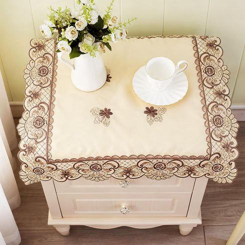 22" LeLehome Square Classic EmbroideredTablecloth, Vintage Brown Flower Beige Small Table Cloth Bedside Nightstand Tea