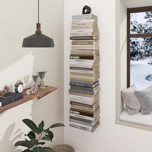4 2 Pack(Black) Mefirt Invisible Floating Bookshelves for Wall, Tier Vertical Spine Book Tower, Heavy Duty Floating