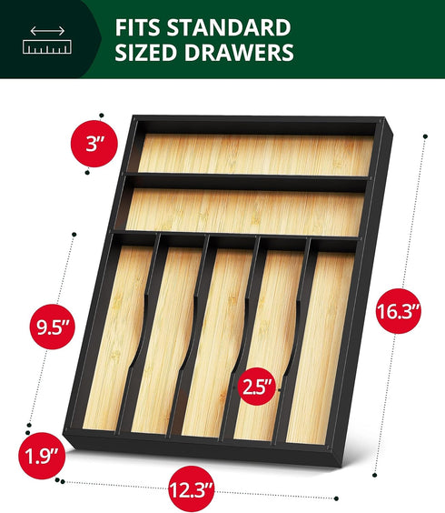 ROYAL CRAFT WOOD Luxury Bamboo Utensil Rack, Kitchen Drawer Organizer with Grooved Dividers for Flatware, 7 Slot