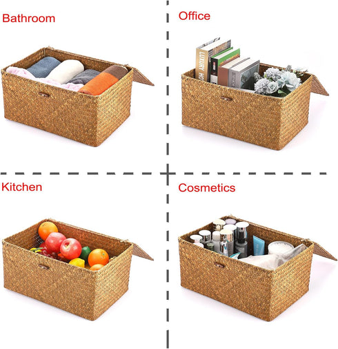 Hipiwe Handwoven Seagrass Wicker Shelf Baskets Bin with Lid, X-Large Rectangular Storage Bins for Home Organizer