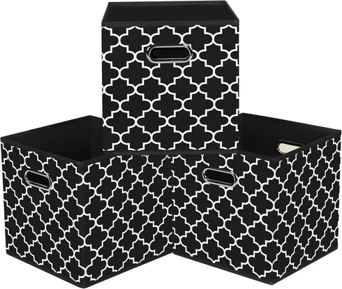 Set of 3 Black Foldable Storage Cubes Bins, Fabric Organizer Baskets with Dual Handles for Home Organizer (Black Light)