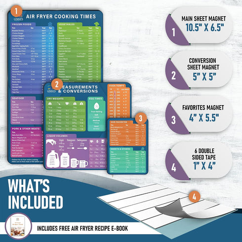 Air Fryer Magnetic Cheat Sheet Set by Linda’s Essentials - Air Fryer Cooking Times Chart Magnet, Quick Reference Guide for Cooking and Frying, Air Fryer Cooking Times Chart & Kitchen Conversions