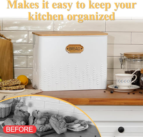 HOME PALETTE Countertop 2 Extra Large Bread Box for Kitchen Corner Breadbox for Homemade Bread Metal White Ear of Wheat