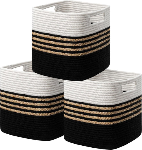 UBBCARE Set of 3 Black Water Hyacinth Storage Cubes, 11 x 10.5 x 10.5 in, Woven Baskets with Handles