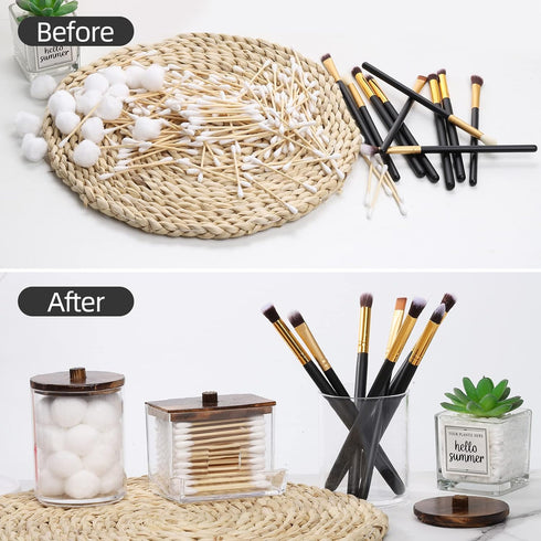 Tbestmax Bathroom Container for Qtips, 10/7 OZ Cotton Ball/Swabs Dispenser, Brown Wood Lids