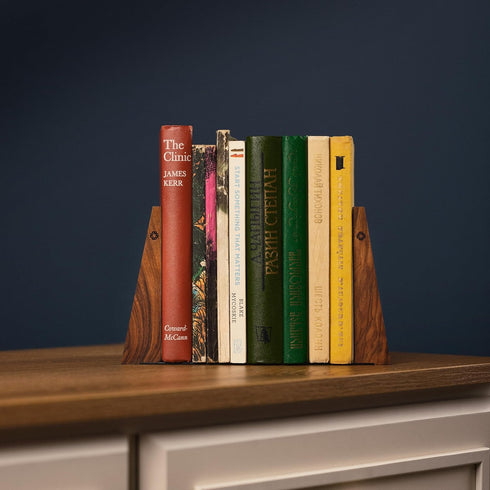 Firmly TILISMA Walnut Bookends for Shelves | Wooden Book Ends for Shelves | Sturdy Book Holders, Stoppers with Metal