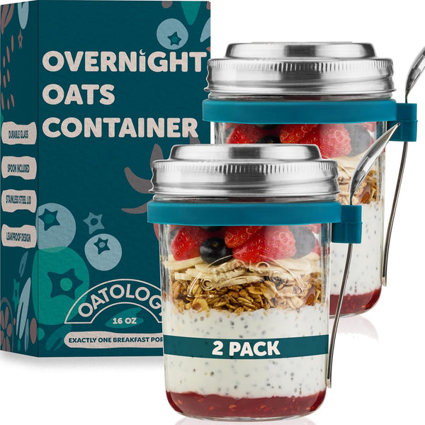 Overnight Oats Containers with Lids & Spoons - Stainless Steel Lid Leakproof