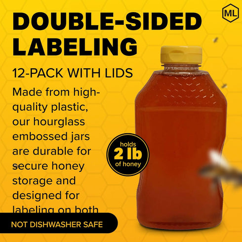 2 lb 12-Pack Mann Lake Refillable Hourglass Honey Jars | Plastic Containers with Yellow Flip-Top Lids | Empty Bottles