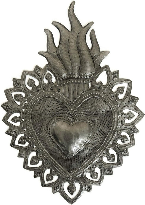 Sacred Heart Flaming Heart Religious Folk Art - Spiritual Home Decor, Haitian Metal Wall Art, 7.25 X 10.25 Inches