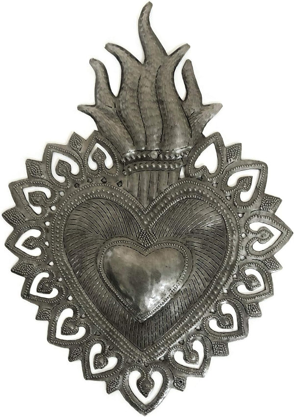 Sacred Heart Flaming Heart Religious Folk Art - Spiritual Home Decor, Haitian Metal Wall Art, 7.25 X 10.25 Inches