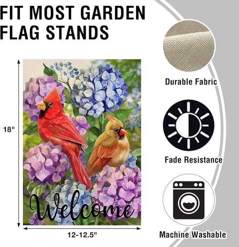 Welcome Summer Cardinal Red Birds Garden Flag, Hydrangea Flowers Outside Decor, 12 x 18 Double Sided Burlap Decoration