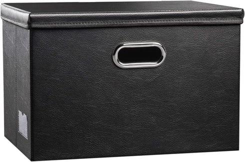 PRANDOM Large Collapsible Storage Bin with Lid, Black Leather Fabric Foldable Box Organizer for Home, 1-Pack.