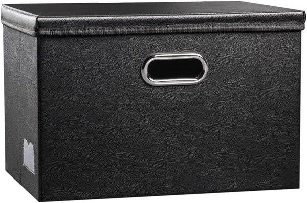 PRANDOM Large Collapsible Storage Bin with Lid, Black Leather Fabric Foldable Box Organizer for Home, 1-Pack.