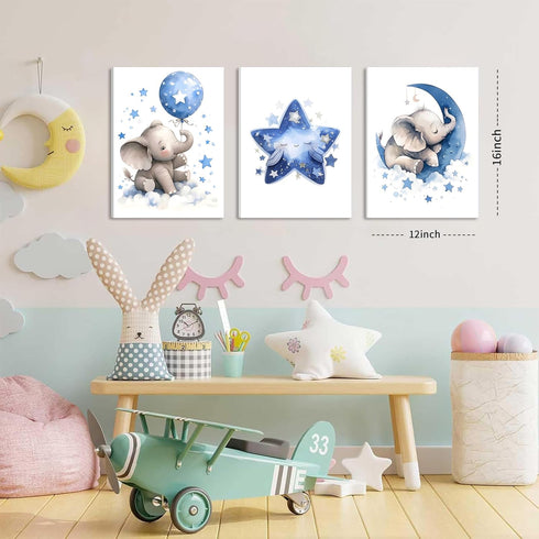 Set 3, 12x16 Baby Boy Nursery Canvas Wall Art of Blue Elephant Moon and Stars Picture Wall Decor Painting, Cute Animal