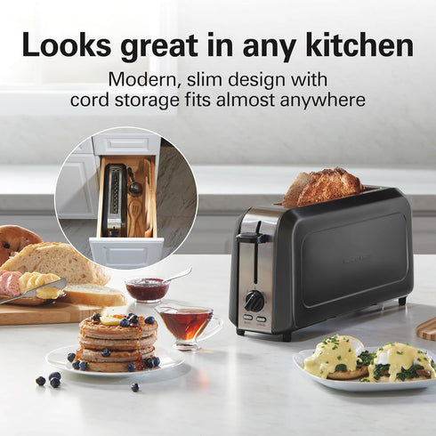 Hamilton Beach Extra Long Slot 2 Slice Toaster - Browning Control, Bagel Function, Modern Slim Design, Black