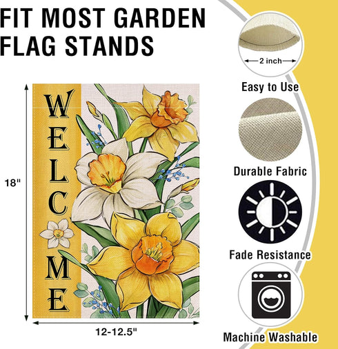 Welcome Spring Summer Floral Flower Small Decorative Garden Flag, Yellow Daffodil Eucalyptus Leaves Yard Lawn Outside Decor, Seasonal Burlap Outdoor Home Decoration Double Sided 12 x 18