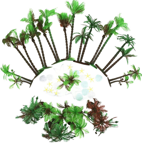 Allazone 42 PCS Coconut Palm Tree Set, 20 PCS Mini Plastic Palm Trees, 22 PCS Shell and Starfish for Cake Decorations