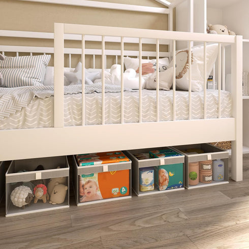 Storage Bins with Clear Window, Foldable Linen Closet Organizers for Towels, Books, Toys, 12.75" x 12.75" x 9", Gray,