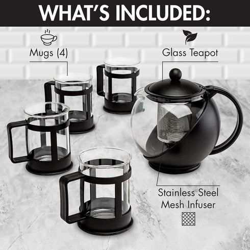 Set 4 40-Ounce, Set, Set 4 Primula Half Moon Teapot with Tea Cups, Removable Stainless Steel Filter and Infuser, Glass