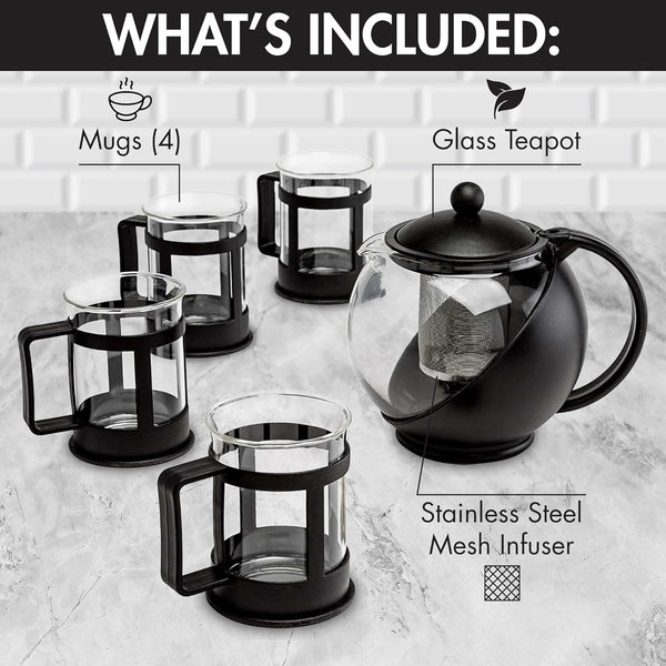Set 4 40-Ounce, Set, Set 4 Primula Half Moon Teapot with Tea Cups, Removable Stainless Steel Filter and Infuser, Glass