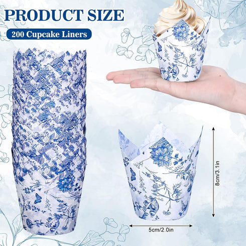 Whaline 200Pcs Blue Floral Cupcake Liners Chinoiserie Muffin Baking Liners Tulip Cupcake Wrappers Baking Cup for Bridal Baby Shower Wedding Birthday Tea Party Decor by Whaline